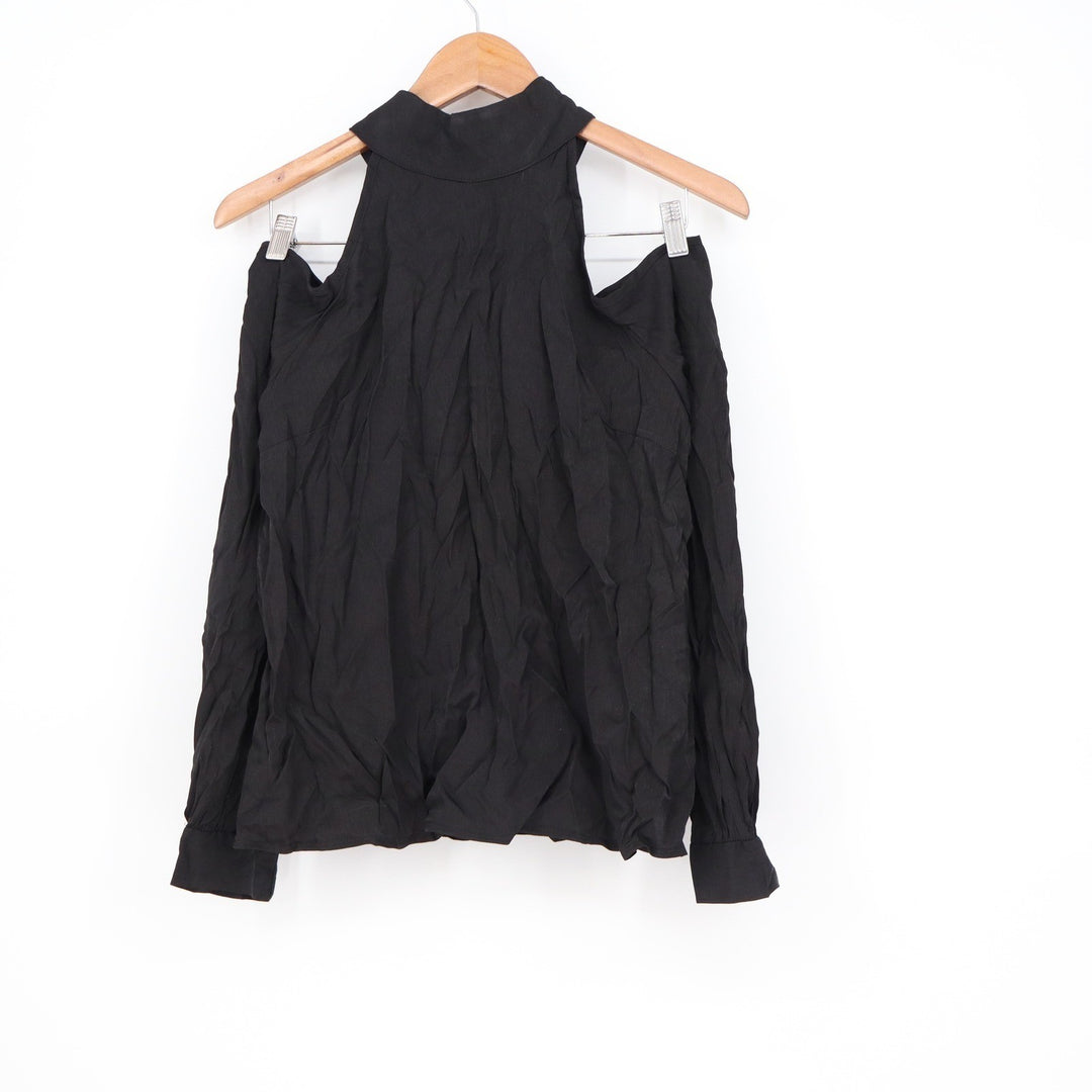 SHEIN Black Cold Shoulder Halter Tie Neck Long Sleeve Blouse Top Size L US 8/10