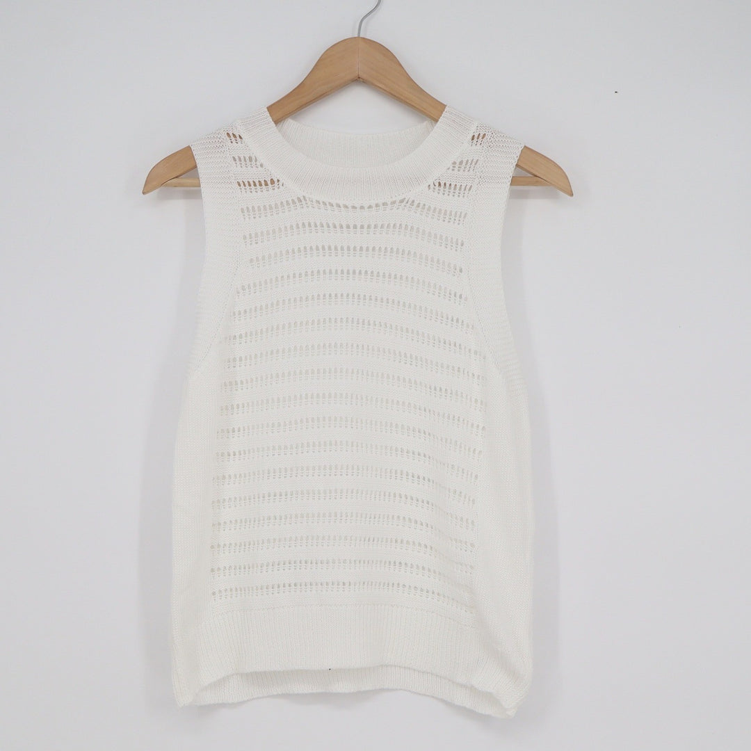 Cupshe Womens White Pointelle Knit Sleeveless Sweater Top Crew Neck Size S