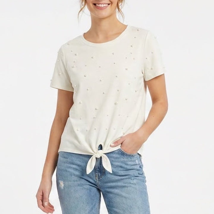 Urban Episode Cream Pearl Embellished Tie Front Short Sleeve Top XL