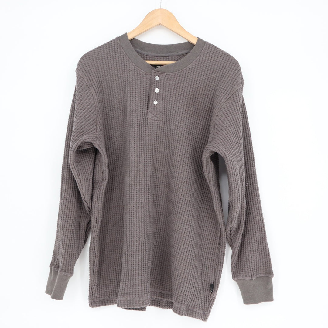 American Giant T-Shirt Men Large Gray Cotton Stretch Waffle Knit Henley Neck