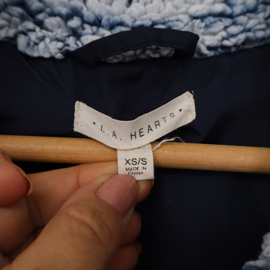 LA Hearts Womens Blue White Grid Plaid Sherpa Fleece Zip Jacket XS/S