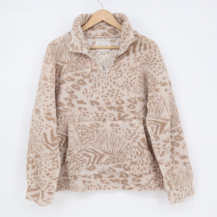 American Eagle Outfitters Sherpa Jacket Womens Beige Half Zip Kangaroo Pocket