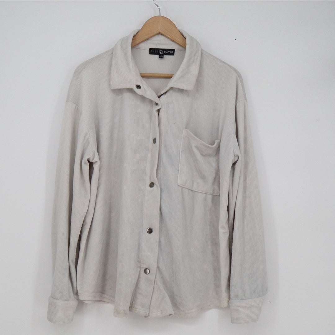 Fred David Cream Ribbed Knit Button Down Shirt Long Sleeve Snap Front Size M