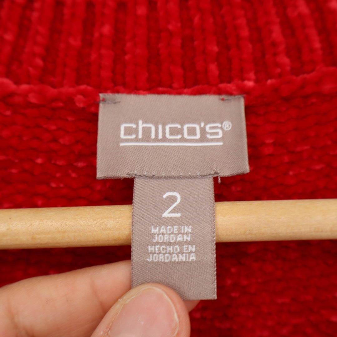Chicos Red Chenille Sweater Crew Neck Long Sleeve Pullover Size 2