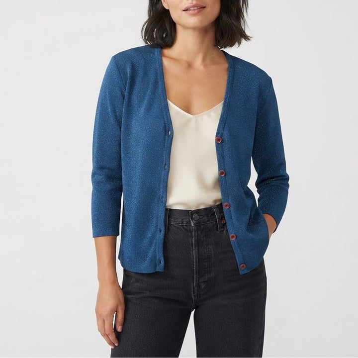 Active USA Womens XL Blue Knit V-Neck Button Front Cardigan 3/4 Sleeve Top
