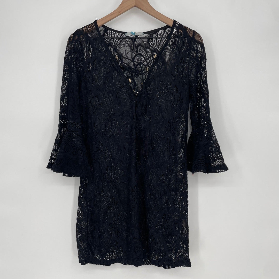 Blue Island Black Lace Bell Sleeve V Neck Cover Up Mini Dress Size S