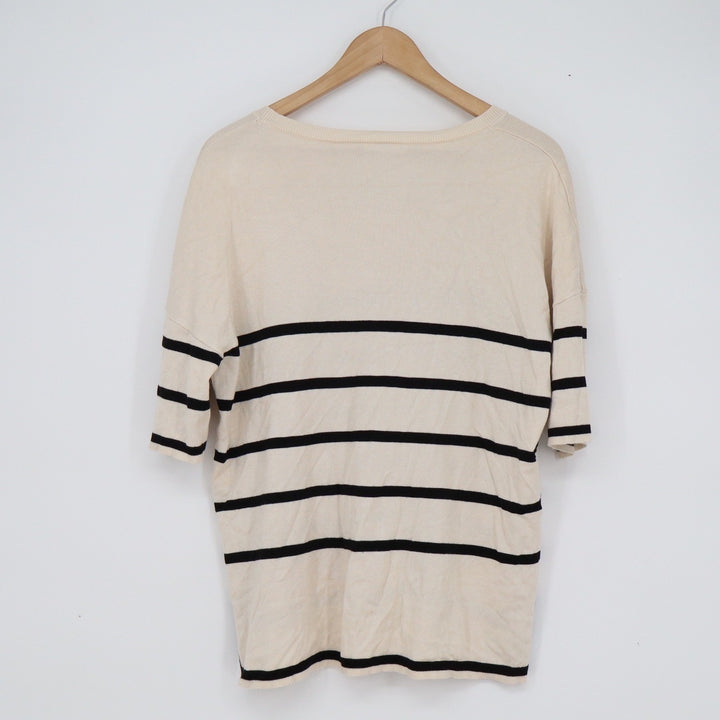 Zeagoo Womens Cream Black Striped Short Sleeve Knit Sweater Top Size L