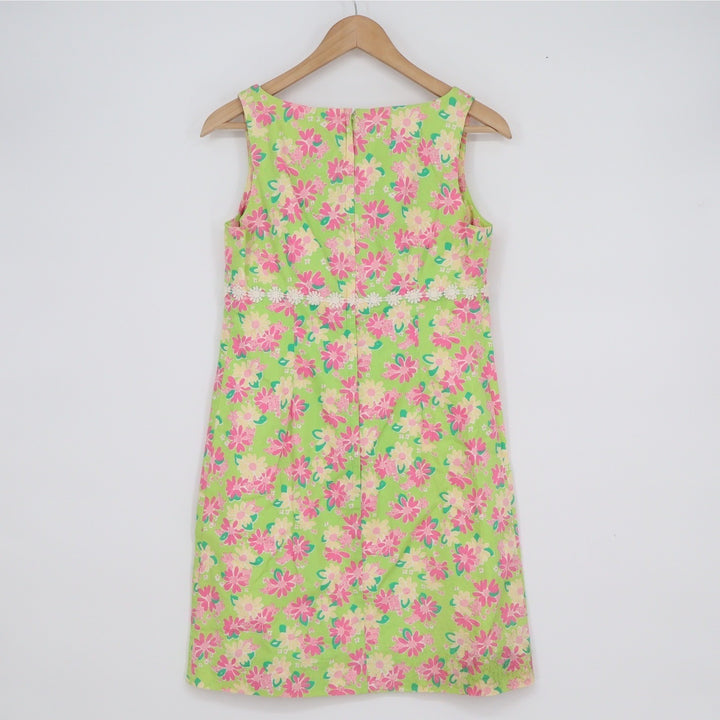 Lilly Pulitzer Floral Shift Dress Green Pink Lace Trim V-Neck Womens Size 6