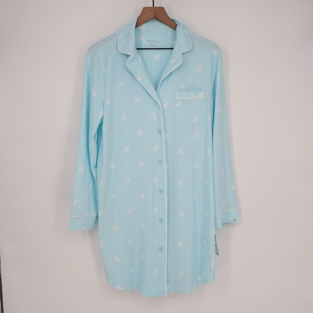 Charter Club Intimates Pajama Shirt Womens M Blue Floral Stretch Lapel Collar