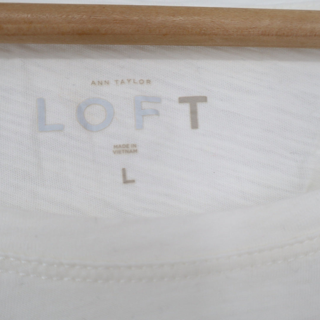 Ann Taylor Loft Womens White 100% Cotton Slub Long Sleeve Scoop Neck Tee Size L