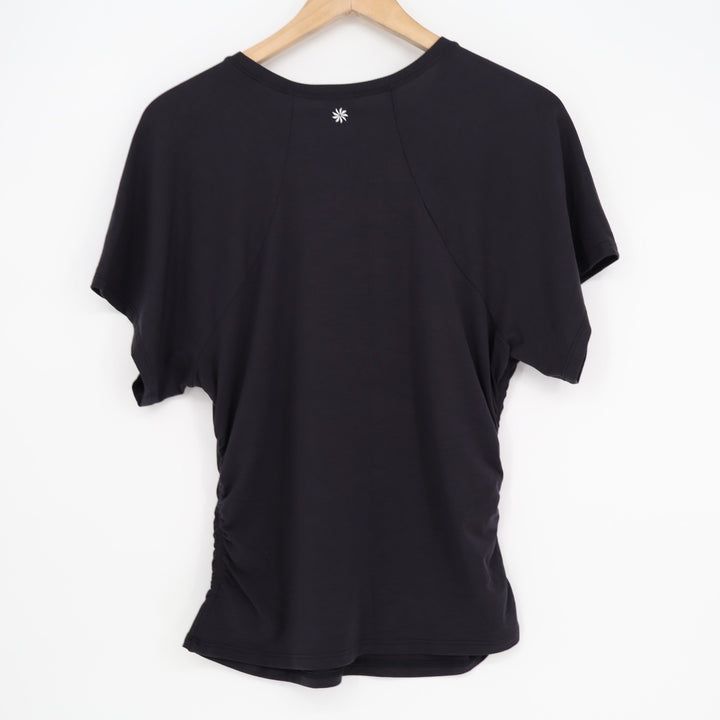 Athleta T-Shirt Women Medium Black Nylon Ruched Raglan Short Sleeve Crew Neck