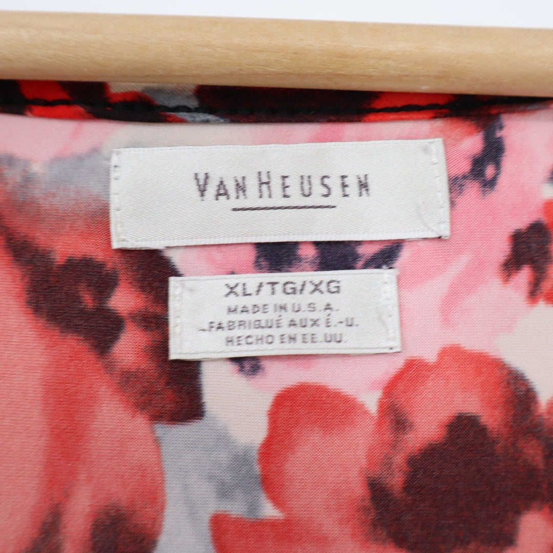 Van Heusen Womens XL Red Pink Floral Sleeveless Ruffle Front Blouse Top USA Made
