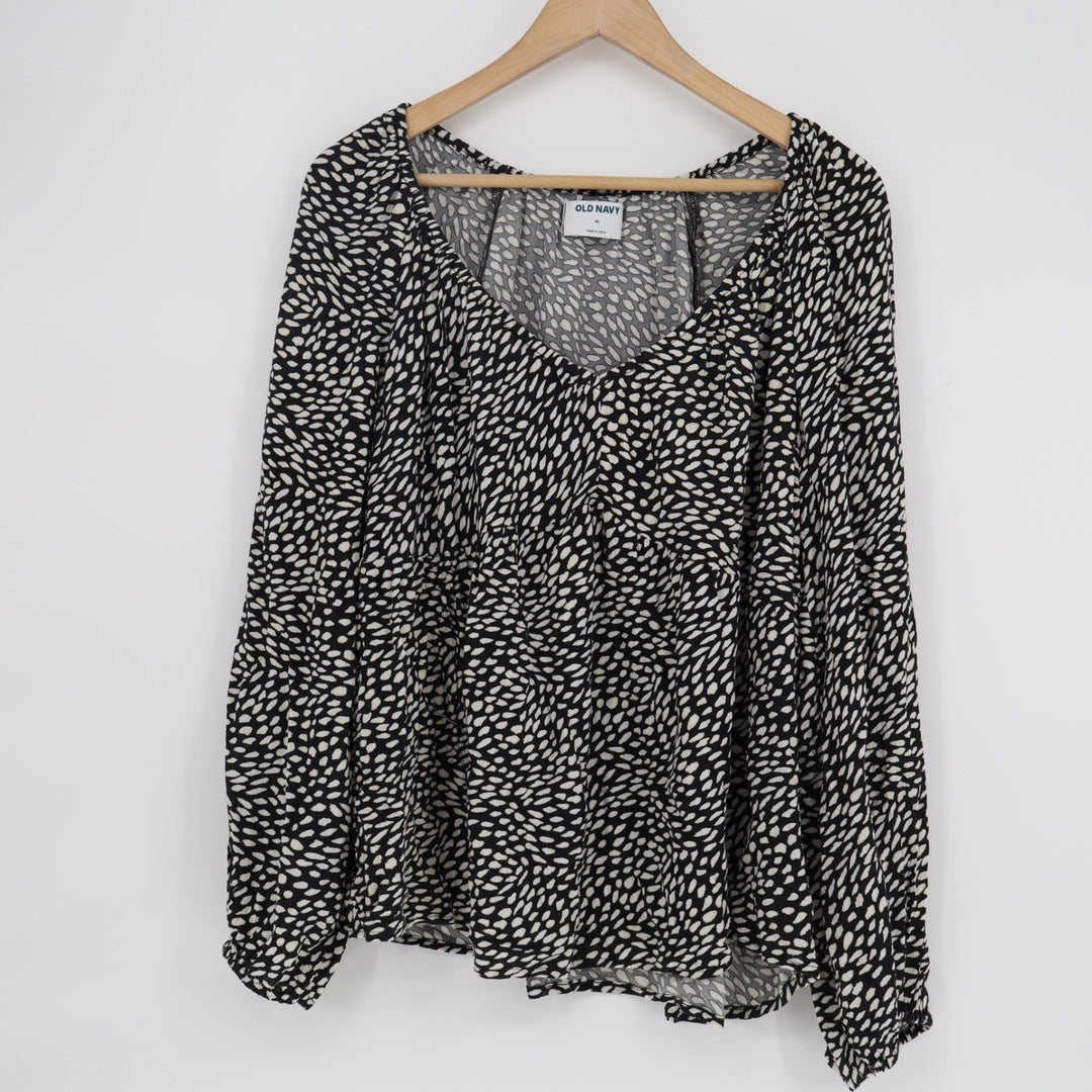Old Navy Womens XL Black White Abstract Dot V-Neck Long Sleeve Rayon Blouse Top