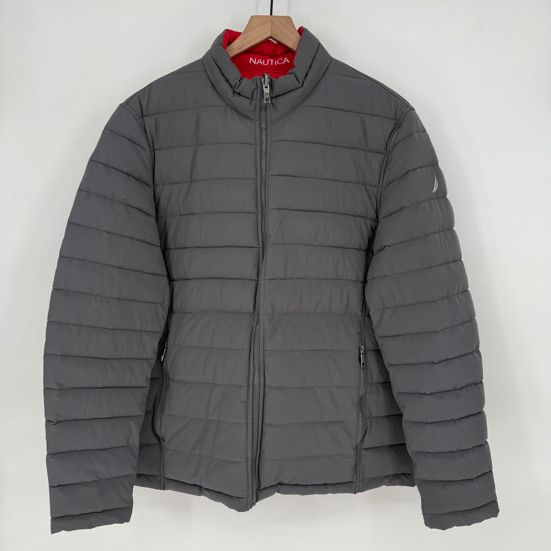 Nautica Puffer Jacket Gray Red Lined Full Zip Lightweight Mens Size L