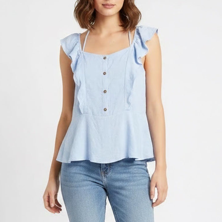 Moa Moa Tank Top Women's Large Light Blue Stretch Ruffle Sleeve Square Neck