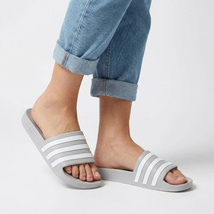 Adidas Adilette Aqua Slide Unisex US M7/W8 Gray White Striped Slip On Sandals