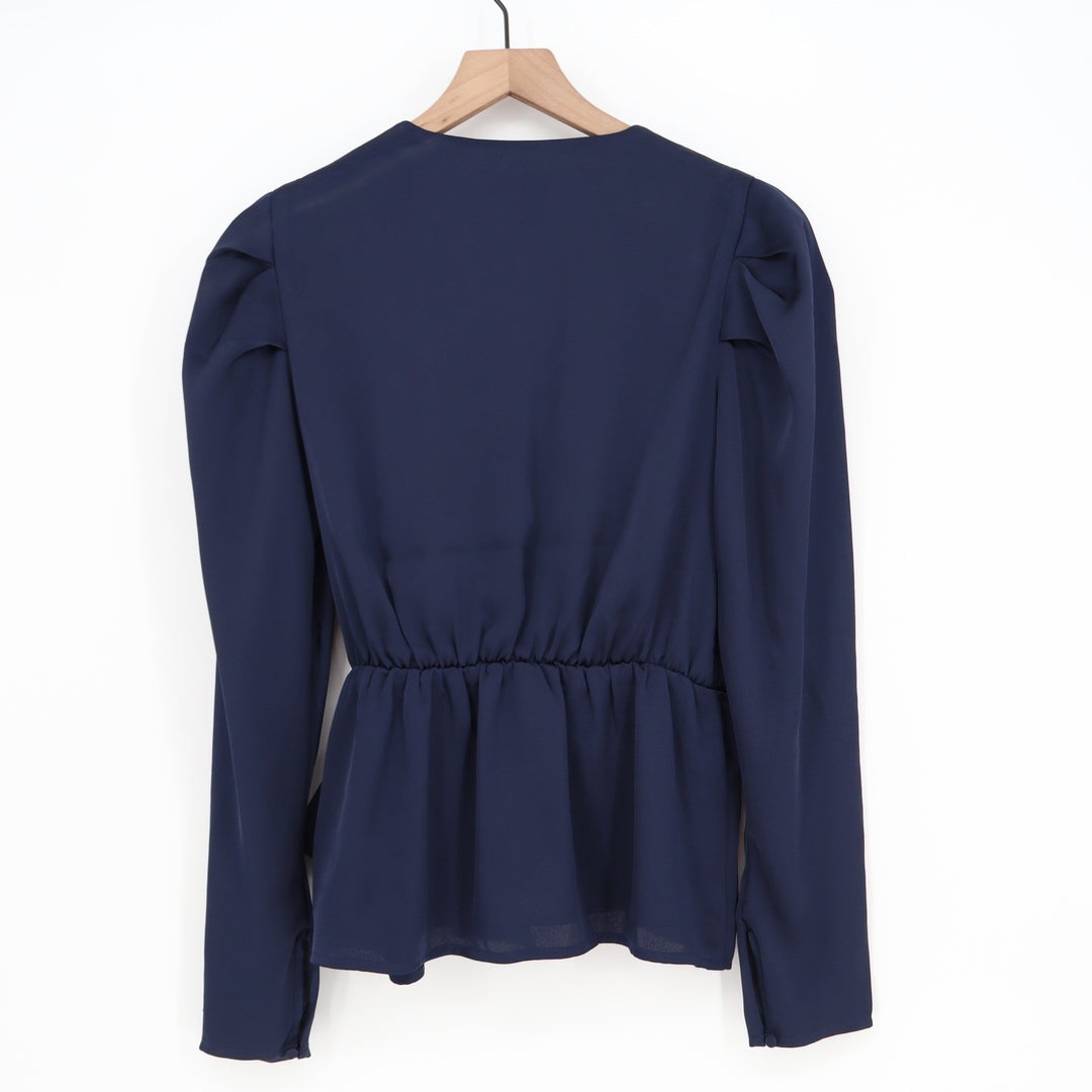 Express Navy Blue Puff Sleeve Wrap Blouse V-Neck Side Tie Peplum Top Medium NEW