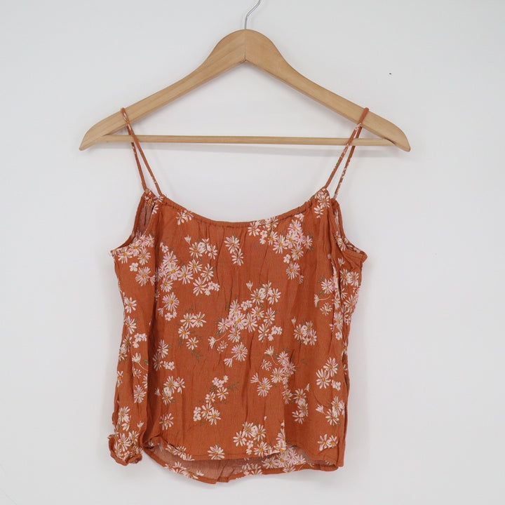 Mango MNG Womens XS Rust Orange Daisy Floral Viscose Spaghetti Strap Cami Top