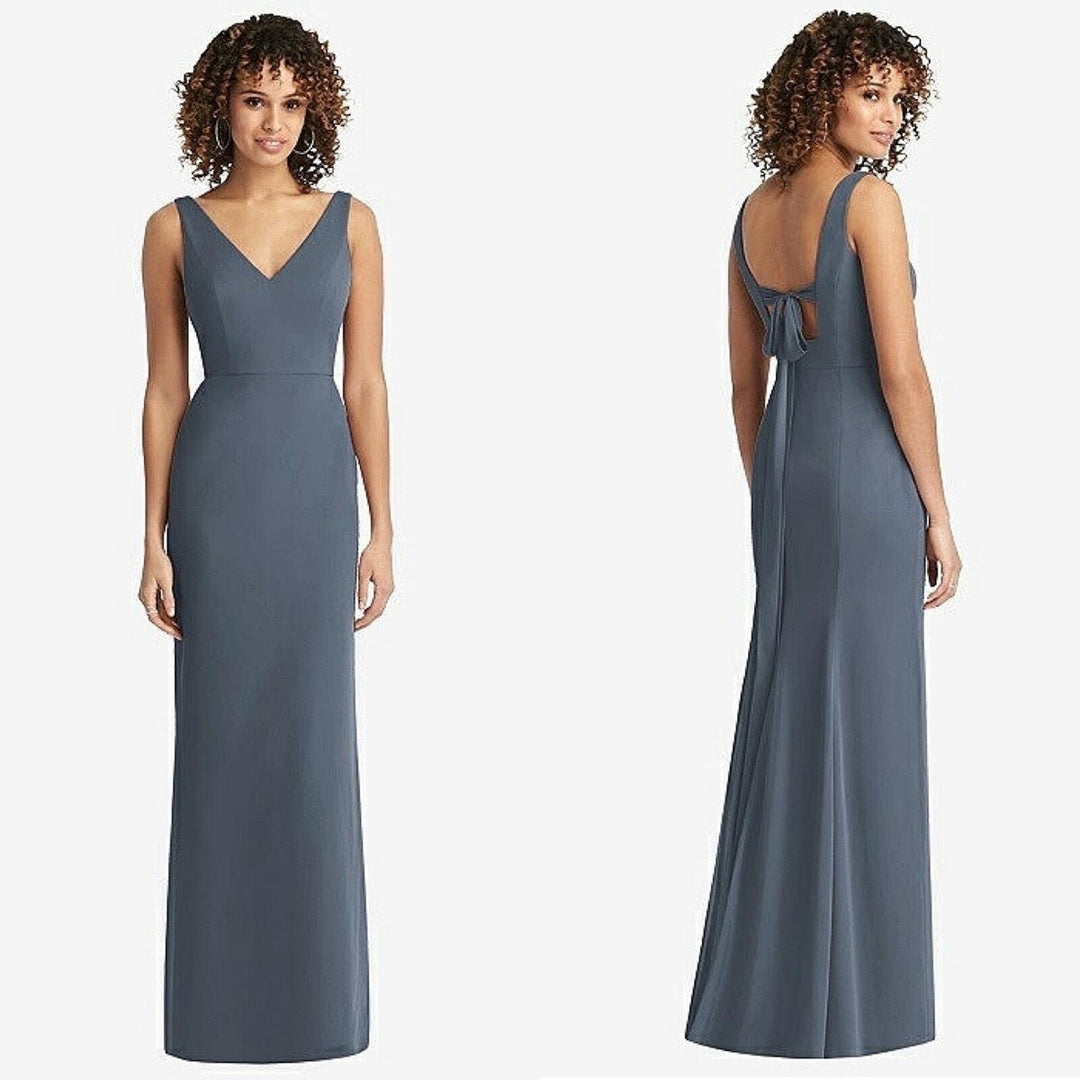 Social Sleeveless Tie Back Chiffon Trumpet Gown In Silver Dove Size 8