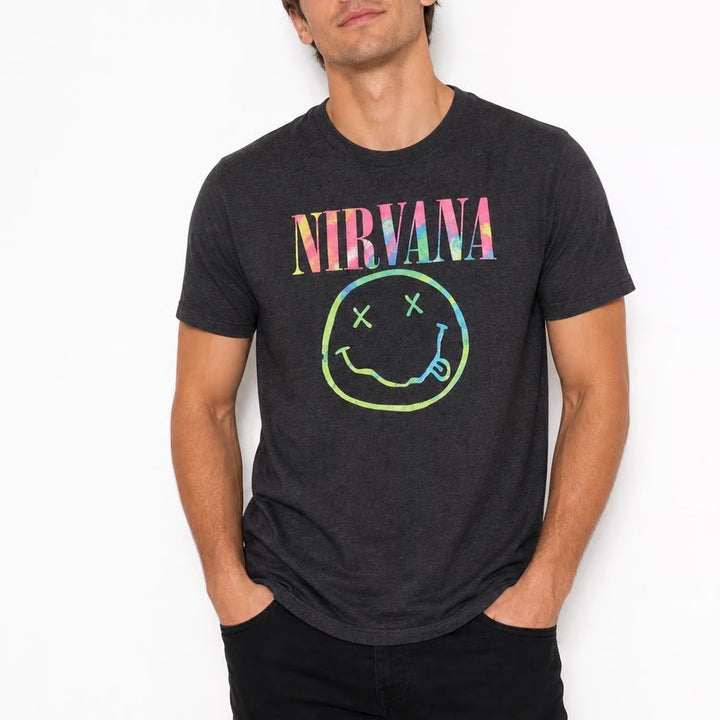 Nirvana Smiley Face Graphic T-Shirt Charcoal Heather Neon Logo Mens Large
