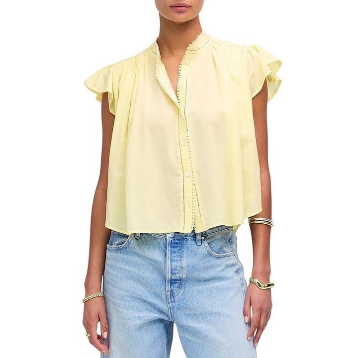 Madewell Shirt Womens Small Lemon Yellow Cotton Pleated Cap Sleeve Button Front