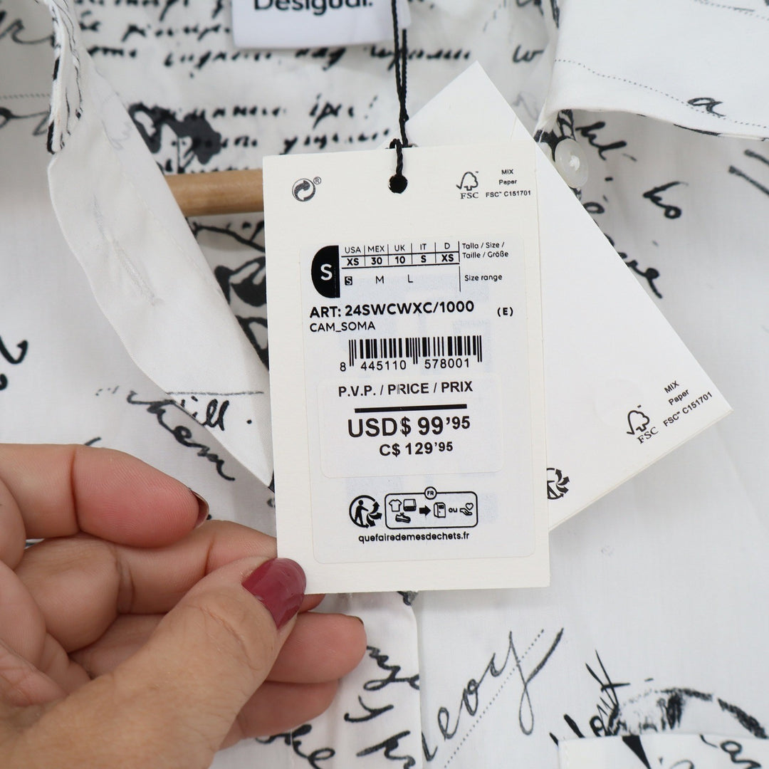 Desigual Shirt Women's S CAM_SOMA White Black Script Print Button-down New