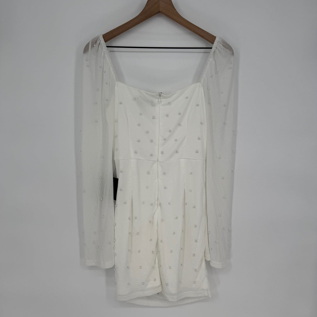 Lulus Admirably Divine White Mesh Pearl Long Sleeve Mini Dress Size M