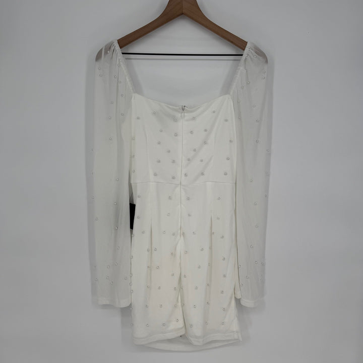 Lulus Admirably Divine White Mesh Pearl Long Sleeve Mini Dress Size M