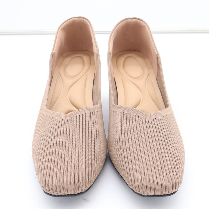 Taupe Ribbed Knit Block Heel Pumps Square Toe Comfort Insole Size 41