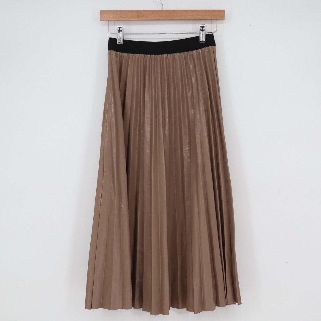 Taupe Bronze Metallic Pleated Midi Skirt Black Elastic Waist Small Accordion