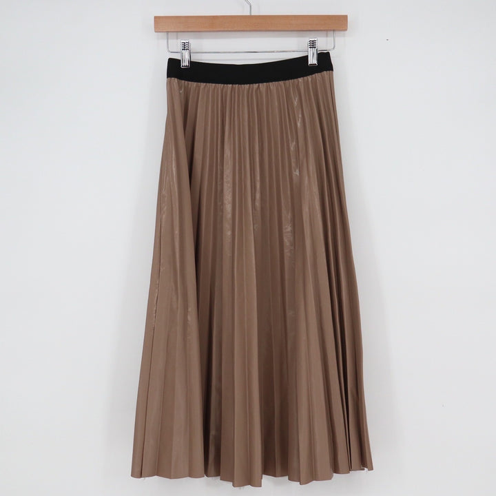 Taupe Bronze Metallic Pleated Midi Skirt Black Elastic Waist Small Accordion