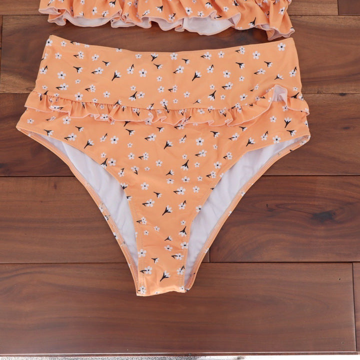 Peach Floral Smocked Bikini Ruffle High Waist Swimsuit XL