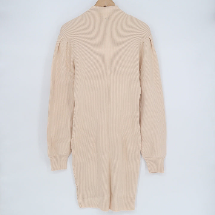 Beige Ribbed Knit Mock Neck Puff Shoulder Sweater Dress XL