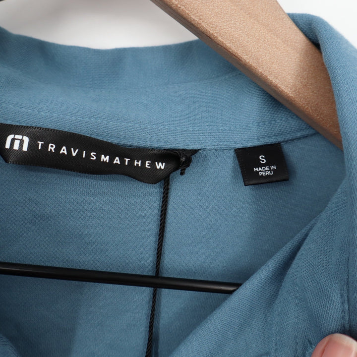 TravisMathew Full Flight Blue Geometric Stripe Polo Shirt Mens Size S NEW