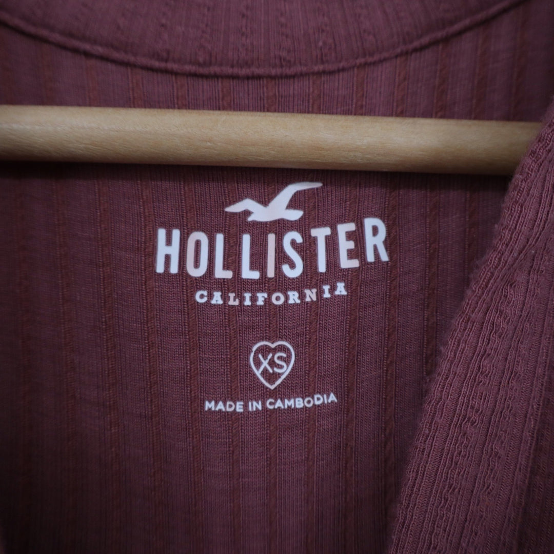 Hollister Womens XS Ribbed Long Sleeve Wrap Tie Crop Top Mauve Collared V-Neck