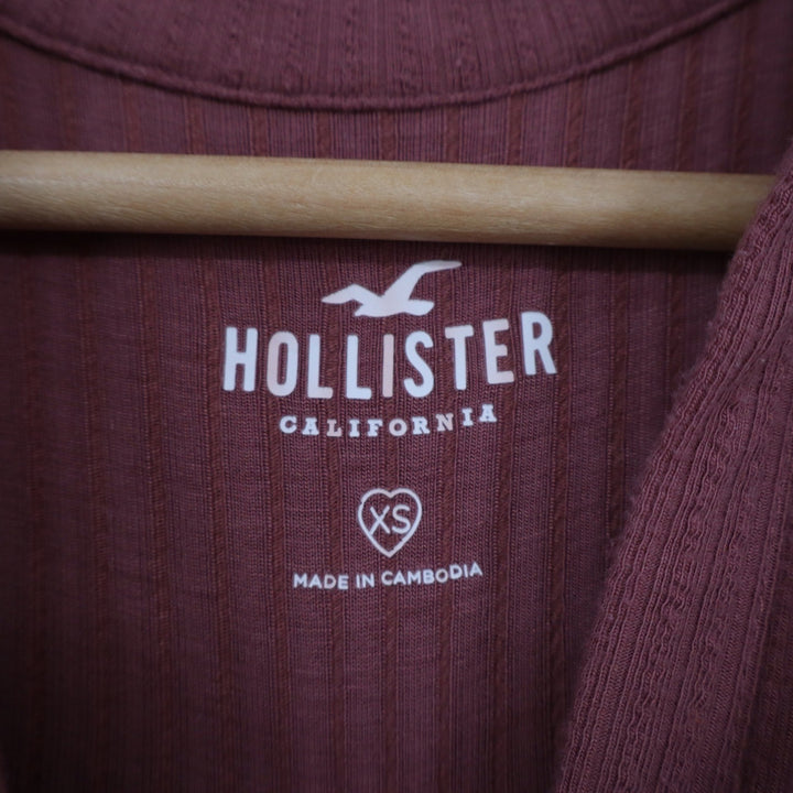 Hollister Womens XS Ribbed Long Sleeve Wrap Tie Crop Top Mauve Collared V-Neck