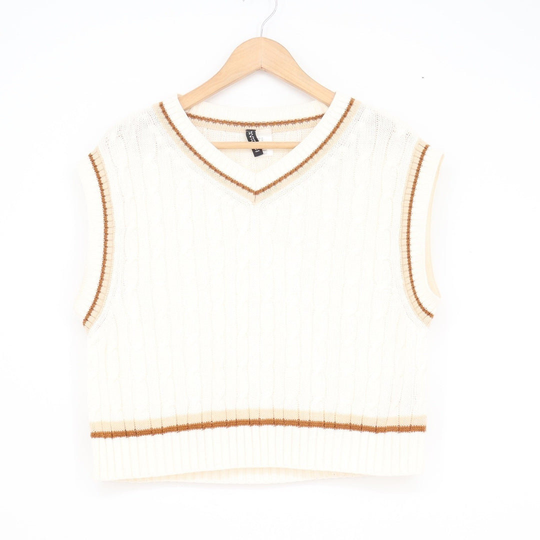 H&M Divided Cream Cable Knit Sweater Vest V-Neck Striped Trim Womens Size M