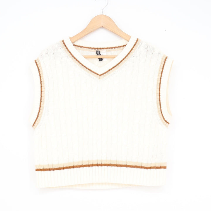H&M Divided Cream Cable Knit Sweater Vest V-Neck Striped Trim Womens Size M