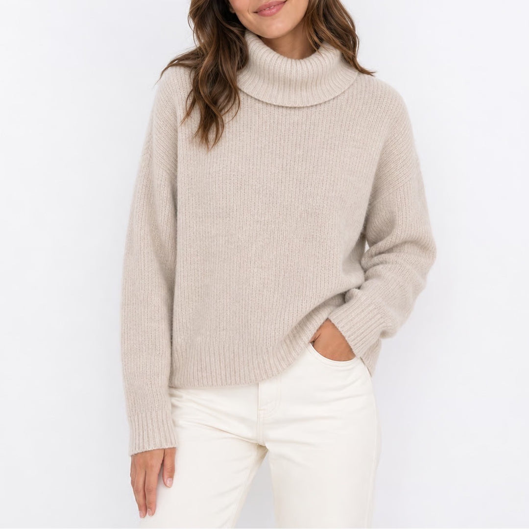 HM Women's Beige Ribbed Knit Turtleneck Sweater Wool Blend Large