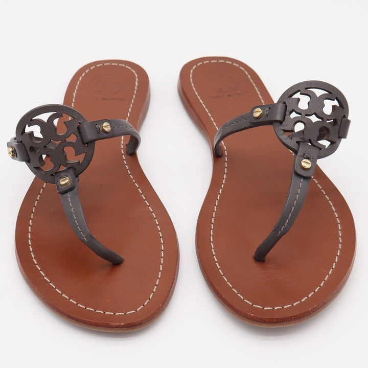 Tory Burch Sandals Womens 8 Miller Thong Flip Flop Gray Leather Logo Excellent