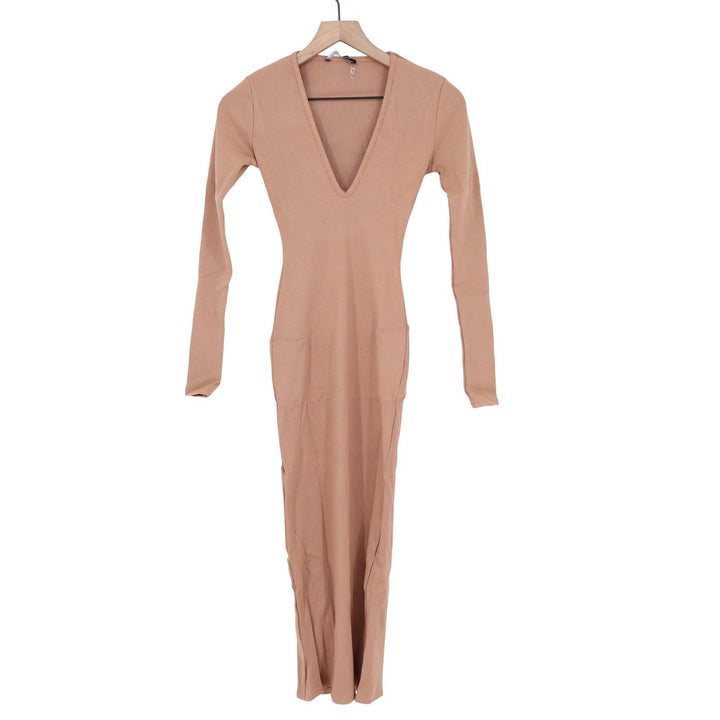 Naked Wardrobe Ribbed Deep V-Neck Maxi Dress Tan Long Sleeve Small