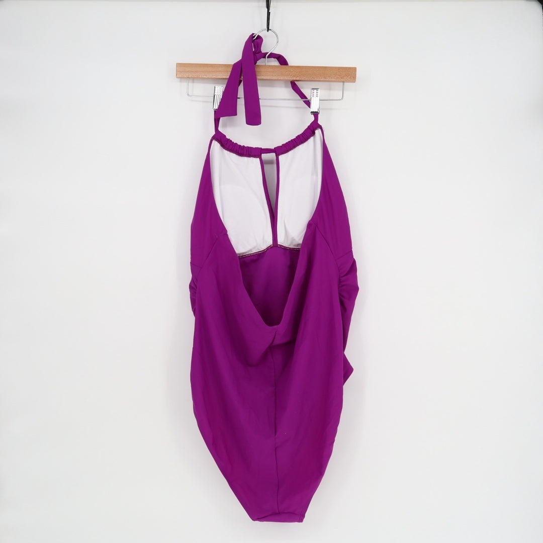 Bodysuit One Piece Womens Purple Pleated Padded Sleeveless Halter Neck