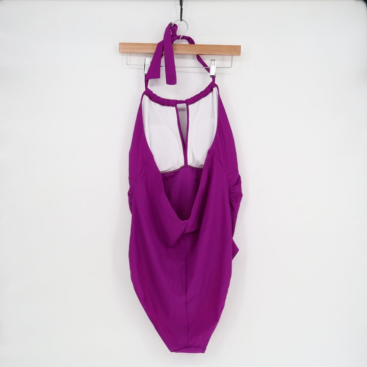 Bodysuit One Piece Womens Purple Pleated Padded Sleeveless Halter Neck