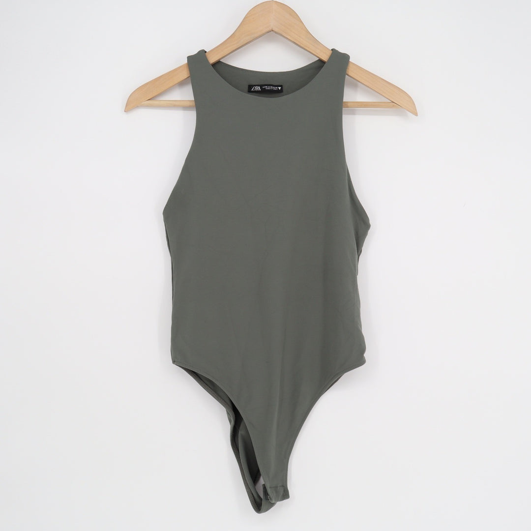 Zara Womens Racerback High Neck Sleeveless Bodysuit Olive Green Size M