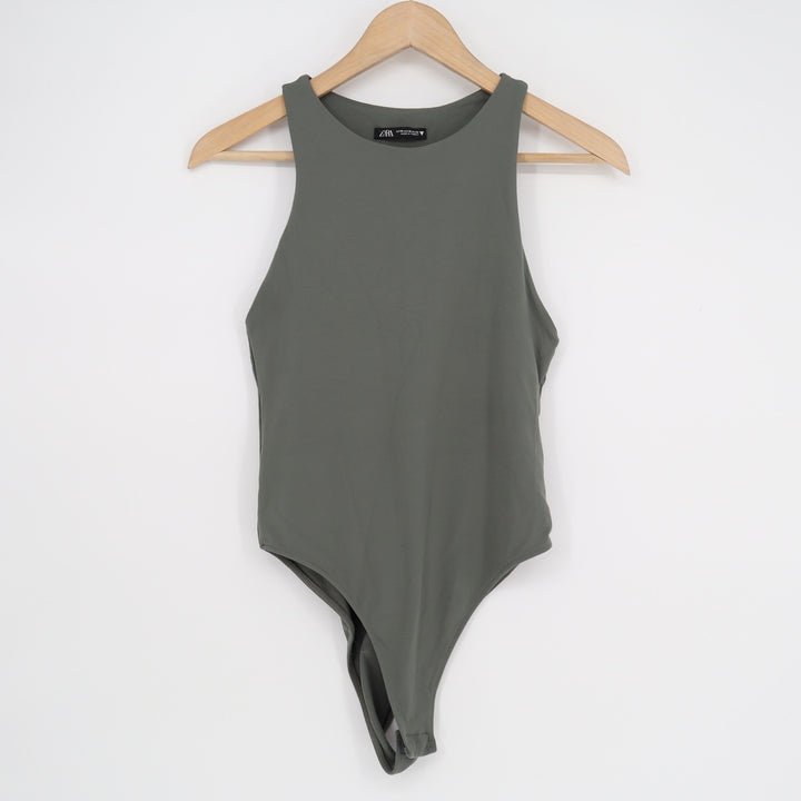 Zara Womens Racerback High Neck Sleeveless Bodysuit Olive Green Size M