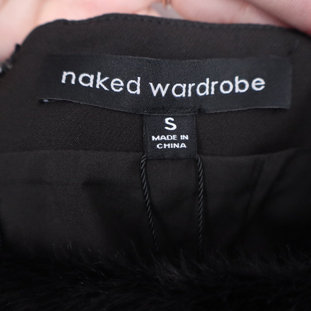 Naked Wardrobe Black Faux Fur Trim Cutout Mini Dress Small