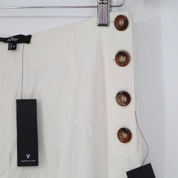Lulus Pants Womens Medium Cream Lined Linen Blend Casual Wide Leg Side Buttons