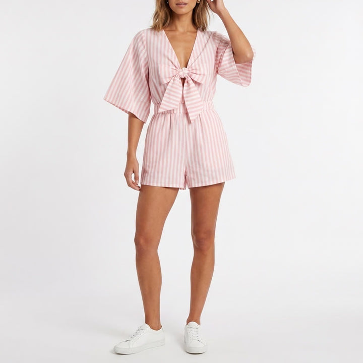 Utcoco Collection Pink White Striped Tie Front Romper Kimono Sleeve Large NEW