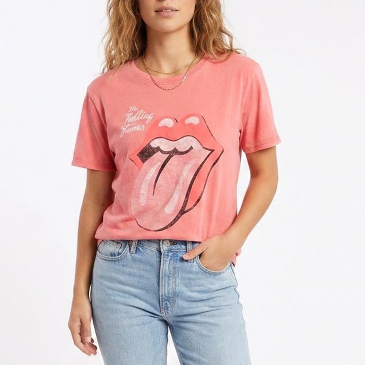 Time And Tru T-Shirt Girls M(8-10) Rose Pink Rolling Stones Graphic Short Sleeve