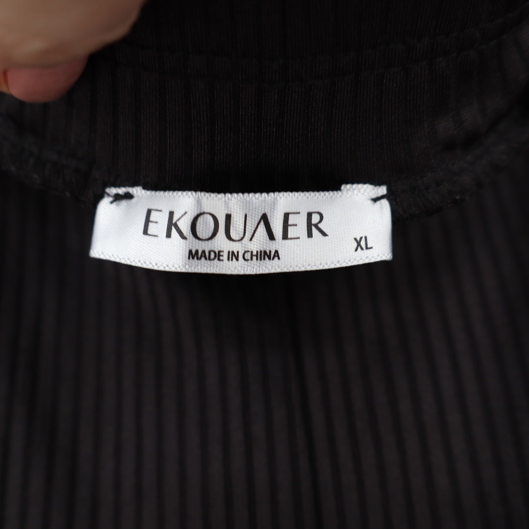 Ekouaer Womens XL Black Ribbed Wide Leg Lounge Pants Elastic Waist Relaxed Fit